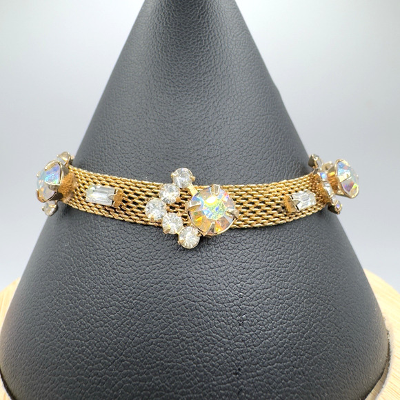 Vintage Mesh Rhinestone Bracelet Gold Tone AB Aurora Borealis 7” - Picture 1 of 9